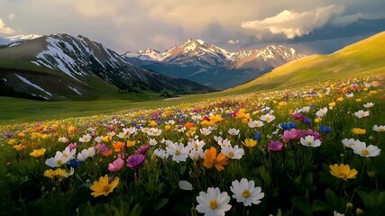A vivid, sunlit meadow with a plethora of flowers in full bloom, set against a backdrop of majestic mountains. The scene is bathed in a warm, golden hue, suggesting either dawn or dusk.