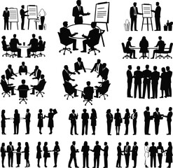 Business meeting silhouettes, teamwork collaboration, office discussion, professional group talk, corporate presentation, communication strategy, executive planning, team brainstorming