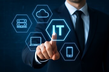 Businessman in suit interacting with virtual it and technology icons