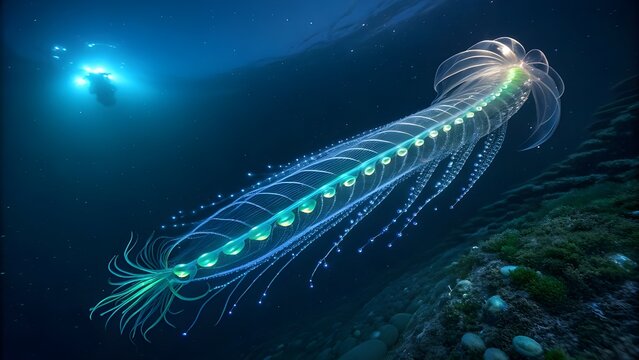 Giant siphonophore glowing in the midnight zone, blue and green bioluminescent zooids illuminating marine snow in pitch black deep sea