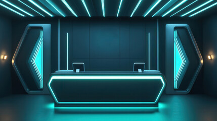Tech company reception counter mockup future technology office lighting space workplace interior registration copy space desk design indoor decoration front view green plant decor
