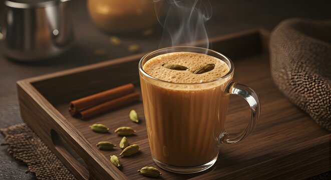 Steaming chai tea with cardamom and cinnamon, a comforting warm beverage for cozy moments.