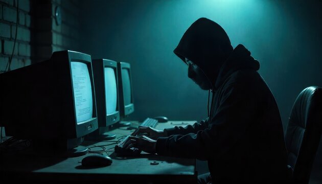 A shadowy hacker in a dimly lit room remotely manipulating outdated dusty computer equipment symbolizing the exploitation of vulnerabilities in neglected or obsolete technology.