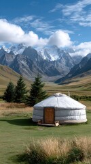 Nestled in a picturesque valley, a yurt stands peacefully with mountains in the background while a horse grazes nearby under a sunny sky