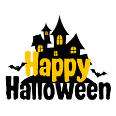 Spooky and Fun Halloween Celebration Design with Haunted House, Bats, and a Yellow Happy Halloween Message on an isolated transparent background