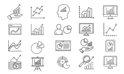 Data Analytics and Business Visualization Vector Icon Set | Charts, Graphs, Financial Reports, and Growth Symbols