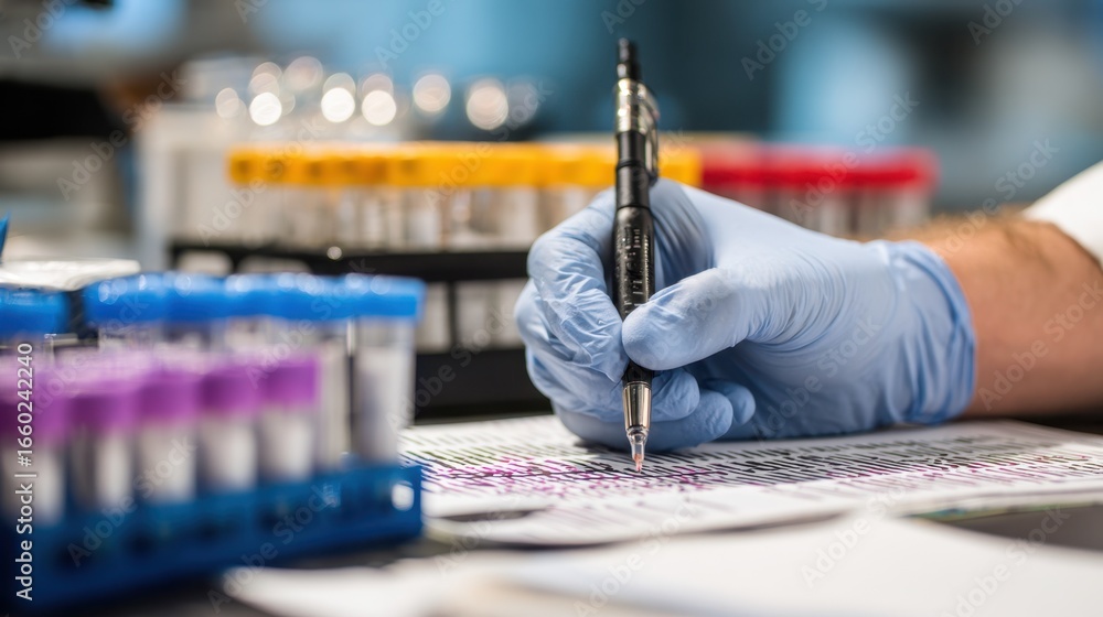 Poster scientist marking protein band intensities on a printed western blot bands in sharp focus with writi