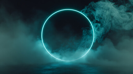 Mysterious glowing teal oval portal emerges from ethereal smoke in a dark moody atmosphere