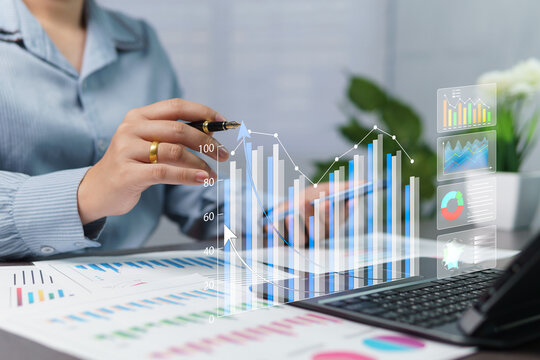 Business graphs, databases, and analytical thinking, planning strategic business plans, Asian investors consider economic charts and growth opportunities to make investment decisions, virtual icons.