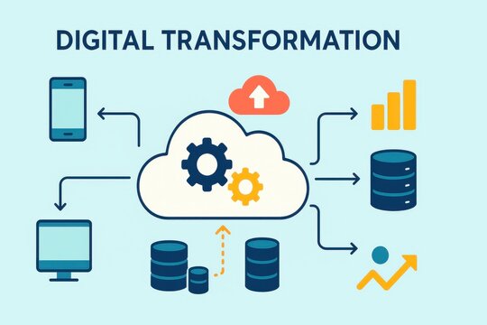 Digital transformation illustration depicting cloud computing and data analytics technology
