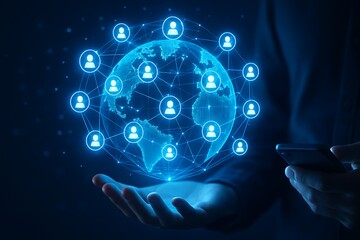 Global network connections and people icons in a person s hand with smartphone