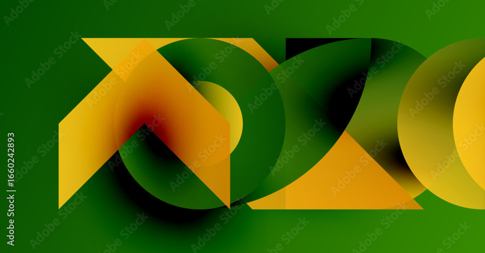 Poster abstract design features overlapping yellow, green shapes. gradient colors create depth, modern aest