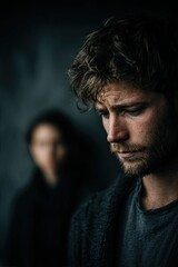 Obraz premium Young guy very upset and crying, feeling guilty, depressed man in pain, girl sitting in the background