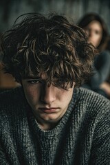 Fototapeta premium Young guy very upset and crying, feeling guilty, depressed man in pain, girl sitting in the background