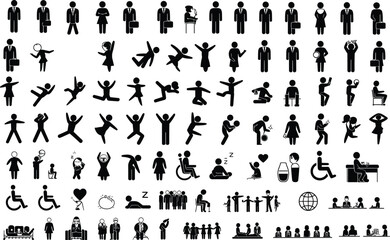 Collection of diverse human stick figure icons, business, activity, health, accessibility, communication, movement, interaction, disability, teamwork, professional symbols