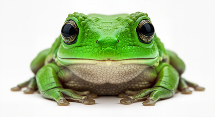 Obraz premium Close up of a bright green frog with large bulging black eyes sitting on a pure white isolated background