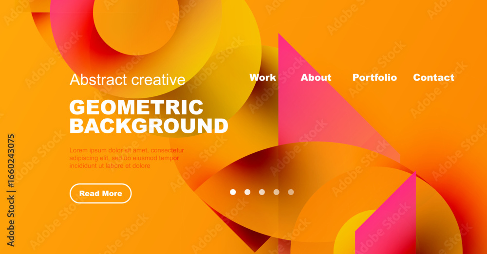 Poster bright orange backdrop features geometric shapes, text elements, navigation menu. modern design suit
