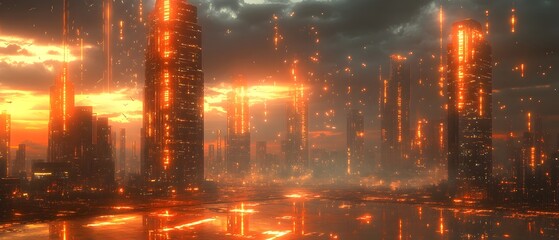 A cityscape with orange buildings and a large body of water