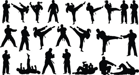Dynamic Martial Arts Silhouettes Featuring Karate, Taekwondo, and Jiu‑Jitsu Poses Vector Illustration for Fitness, Training, Self‑Defense, and Sports Design Projects