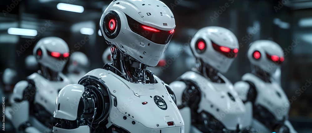 Poster a group of robots are standing in a line