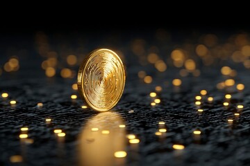Gleaming gold cryptocurrency coin stands out against a dark background with glowing bokeh lights