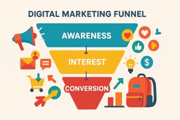 Digital marketing funnel illustration showing stages awareness interest conversion funnel concept