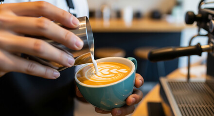 Barista Pouring Latte Art into Coffee Cup Close-up