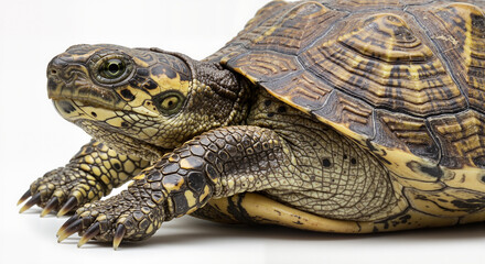 Obraz premium Close Up Profile View of a Tortoise Reptile With a Detailed Shell and Scales on an Isolated White Background