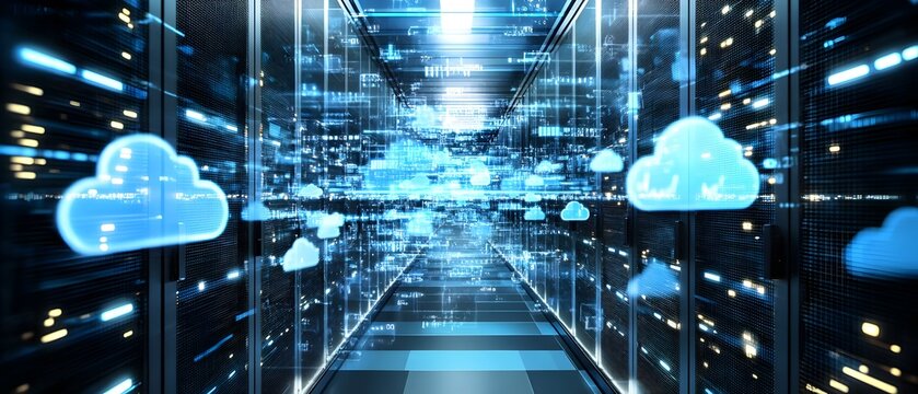 A computer server room with a blue cloud on the wall