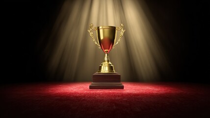 High resolution golden trophy on red velvet podium under spotlight, radiant symbol of honor, success and motivational atmosphere for business background