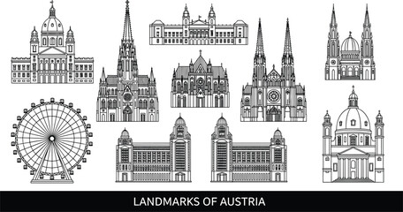 Detailed Vector Illustration of Iconic Austrian Landmarks Including Vienna Architecture for Travel, Tourism, Culture, Heritage, and European Destination Design Projects