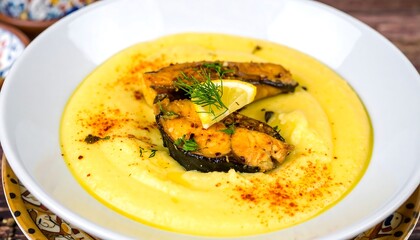 A creamy polenta dish topped with pan-fried fish and a lemon slice.