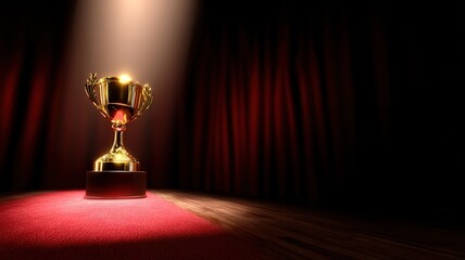 Golden trophy on red velvet stage with spotlight, symbolizing glory, peak achievement, business award, motivation and celebration
