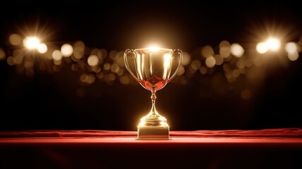 Realistic golden trophy on red velvet podium glowing under spotlight, representing honor, victory and success, perfect for motivational business background