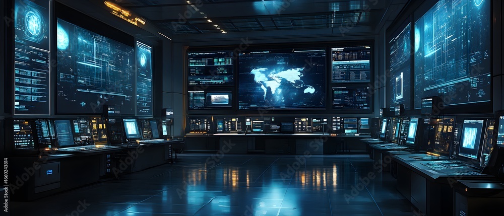 Poster a large room with many computer monitors