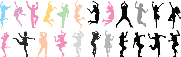 Colorful and black dancing silhouettes, vector illustration of diverse poses, expressive motion, modern dance styles, youth energy, abstract movement