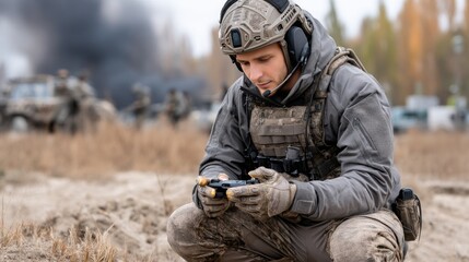 Fototapeta premium Military personnel and a civilian are overseeing drone operations in a rural area with fields under an overcast sky