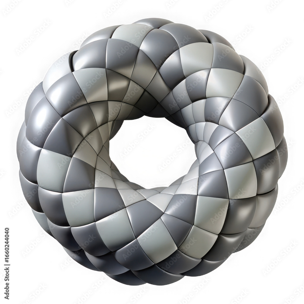 Poster intricate geometric torus shape with interlocking textured panels in shades of gray and silver isola