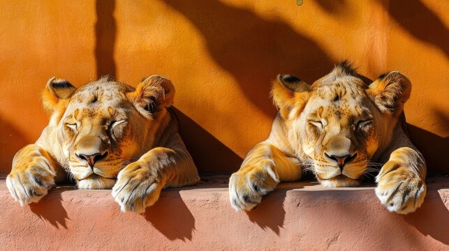 Two lionesses resting peacefully in the warm sunlight against an orange wall - Powered by Adobe