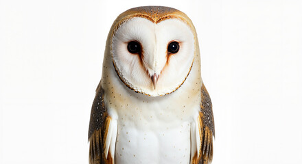 A Beautiful Barn Owl With Its Striking Facial Disc Gazes Directly Ahead On A Clean White Background