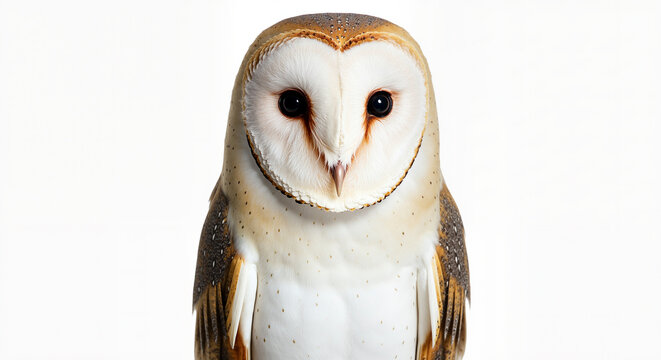 A Beautiful Barn Owl With Its Striking Facial Disc Gazes Directly Ahead On A Clean White Background