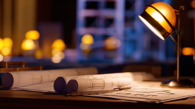 Warm lamp glow over architectural blueprints and drafting tools on wooden desk with soft bokeh construction background