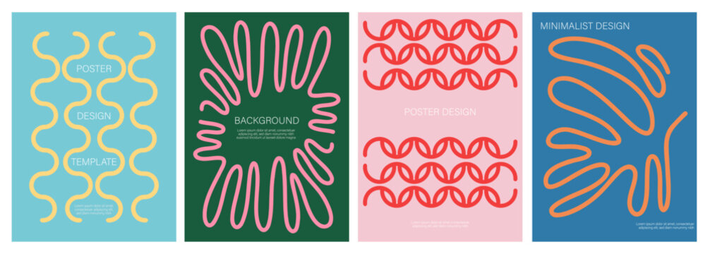 Collection of Minimalist Wavy Bold Lines Poster Vector Set. Cover Template with Geometric Shapes. Modern Design for Branding, Flyers, Brochures, Covers, Social Media and Web Banners