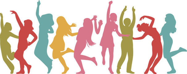 Colorful dancing girl silhouettes, abstract female shapes, joyful movement pose, happy women dancing illustration, creative party celebration concept art