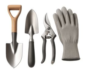 Gardening equipment arranged neatly .