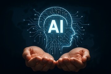 A glowing blue human head with ai circuits and hands cupped below it