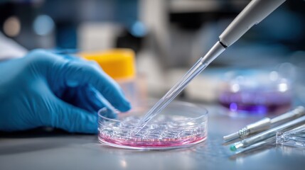 Focused medium view of bioengineer using micropipette to apply cell suspension onto a tissue scaffold highlighting hand movement while lab instruments fade in the background.