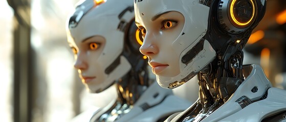 Fototapeta premium Two robots with orange eyes and white bodies