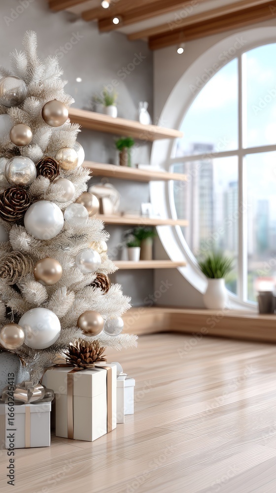 Poster a beautifully designed room features a large round window highlighting a decorated christmas tree, a