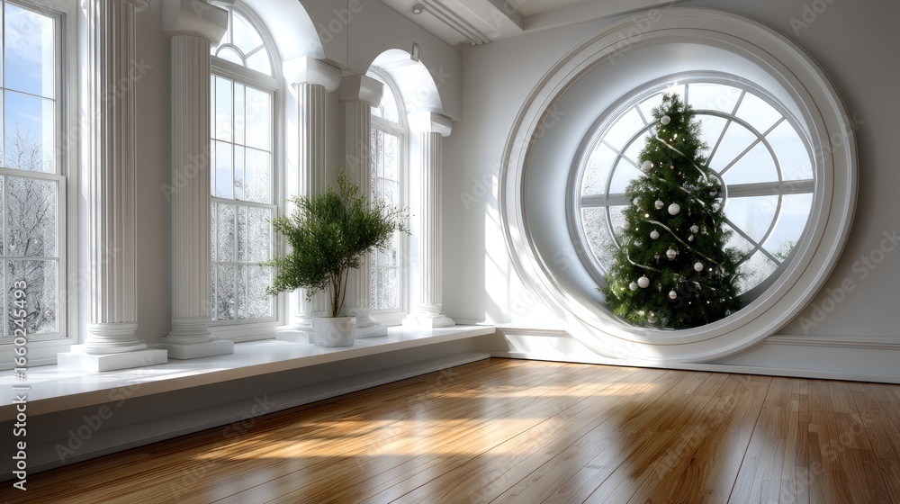 Poster a beautifully designed room features a large round window highlighting a decorated christmas tree, a